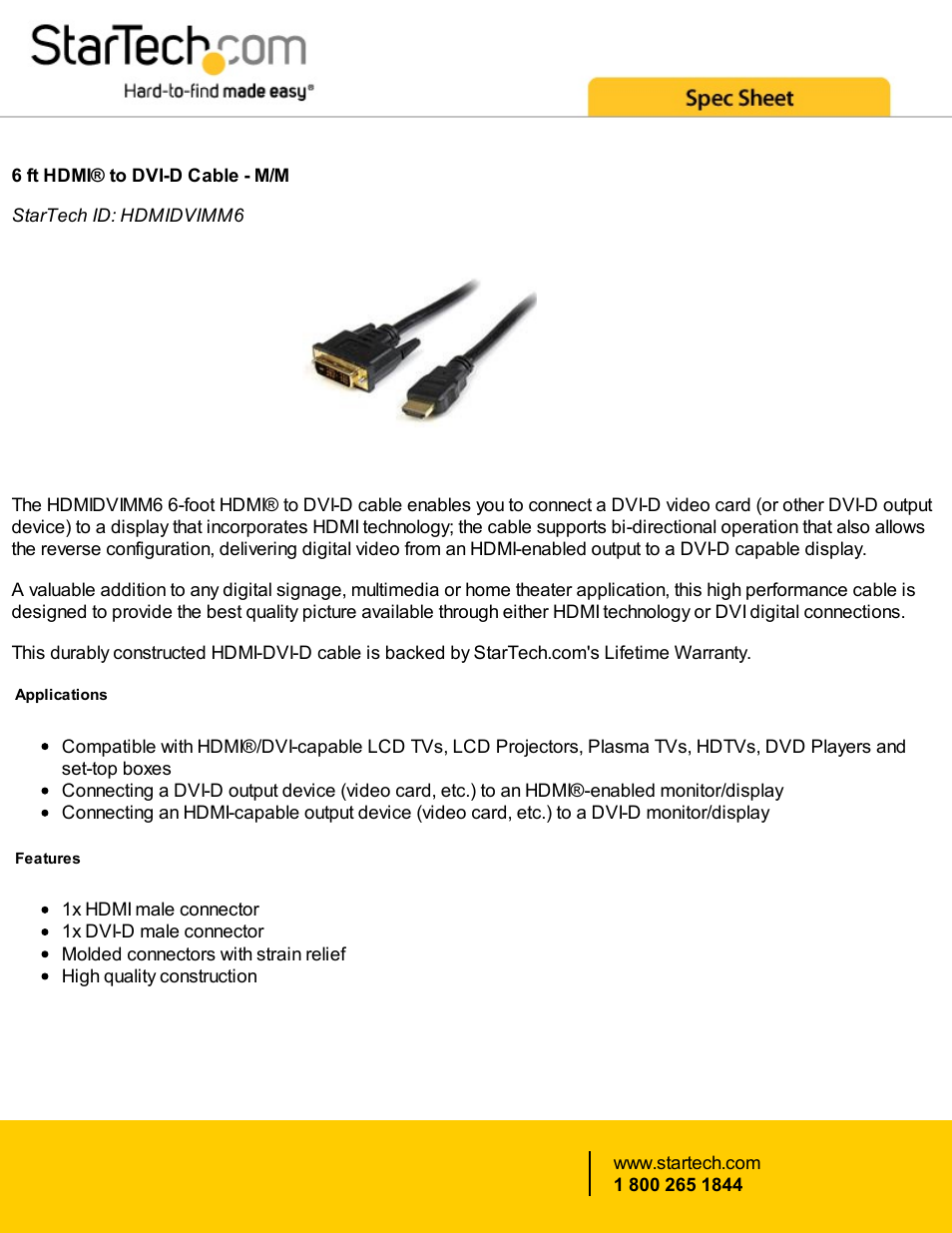 StarTech.com HDMI Male to DVI-D Male Cable (6', Black) User Manual | 2 pages