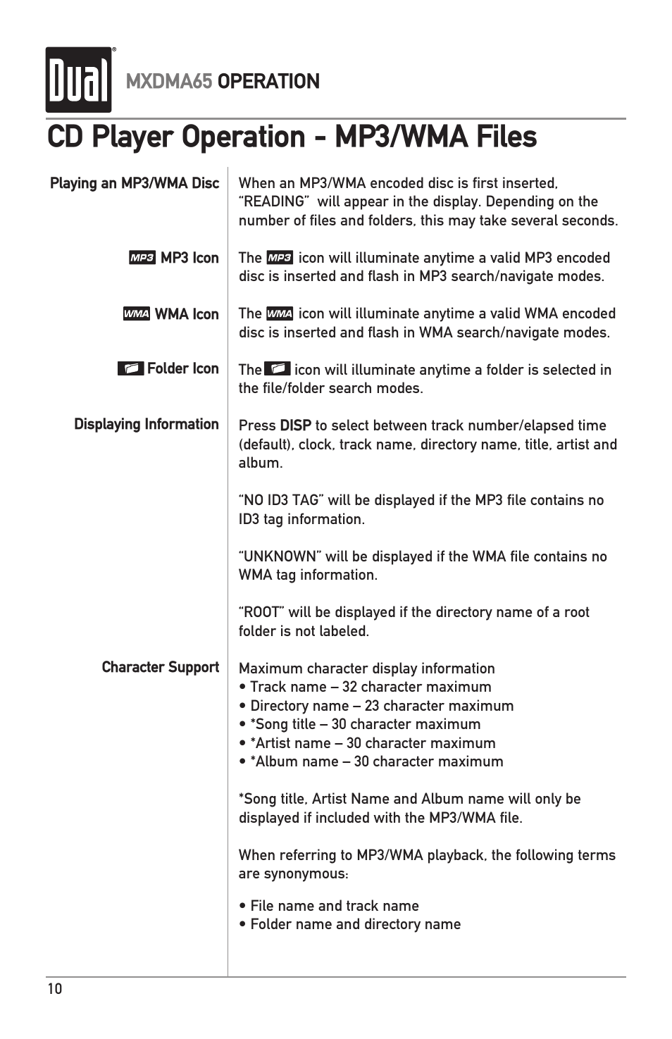 Cd player operation - mp3/wma files, Mxdma65 operation | Dual MXDMA65 User Manual | Page 10 / 20