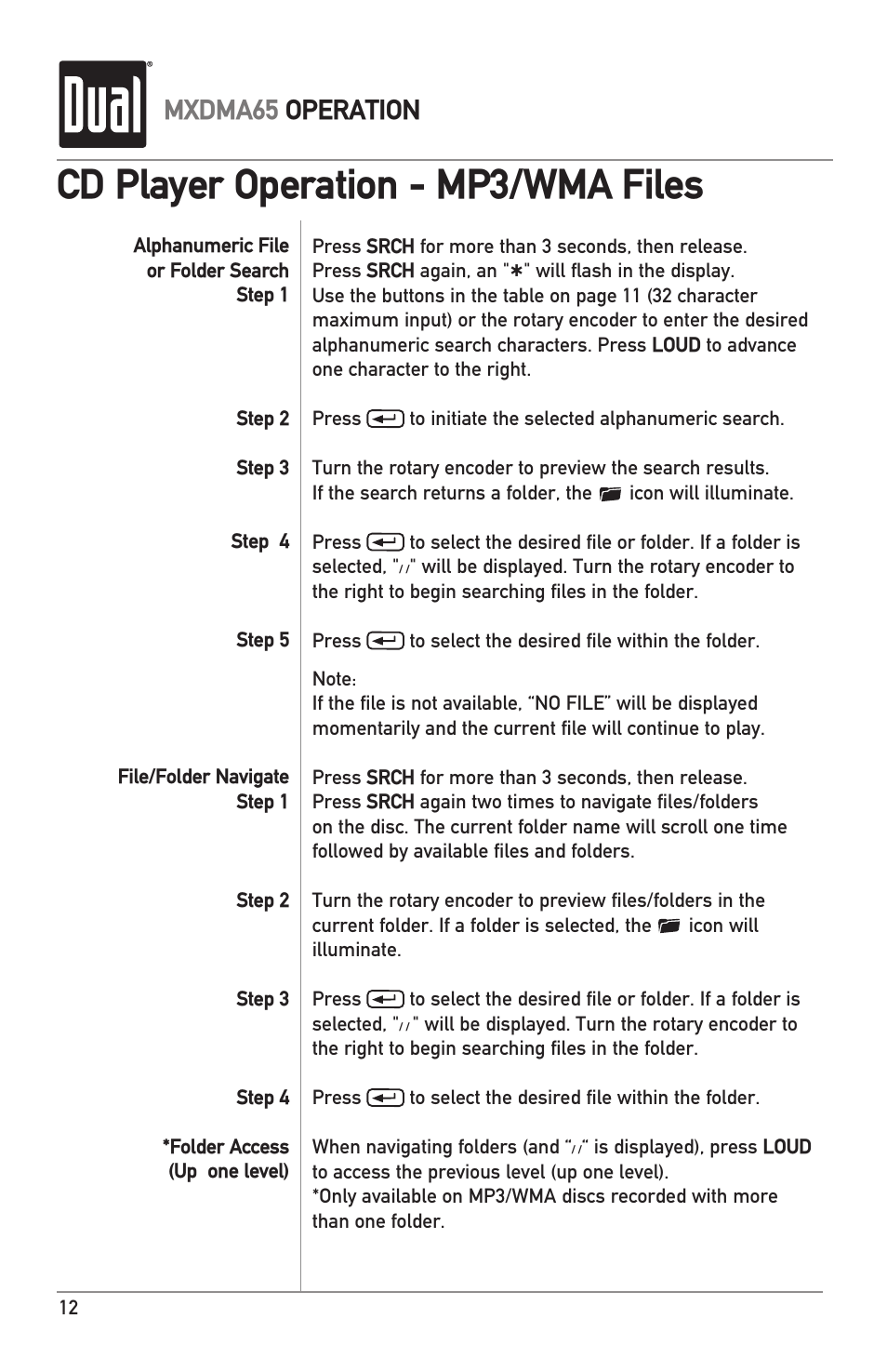 Cd player operation - mp3/wma files, Mxdma65 operation | Dual MXDMA65 User Manual | Page 12 / 20