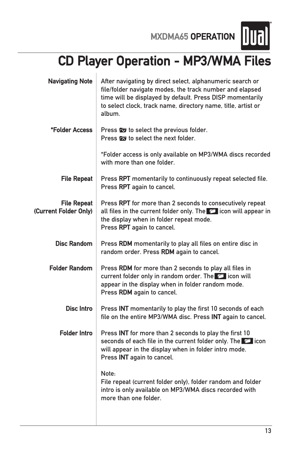 Cd player operation - mp3/wma files, Mxdma65 operation | Dual MXDMA65 User Manual | Page 13 / 20