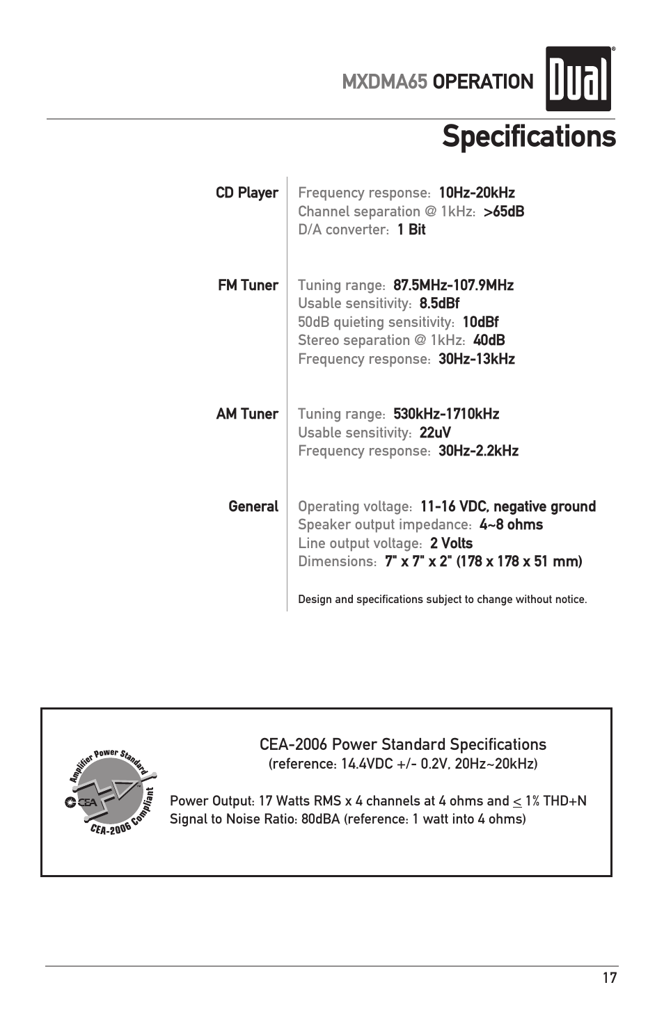 Specifications, Mxdma65 operation | Dual MXDMA65 User Manual | Page 17 / 20