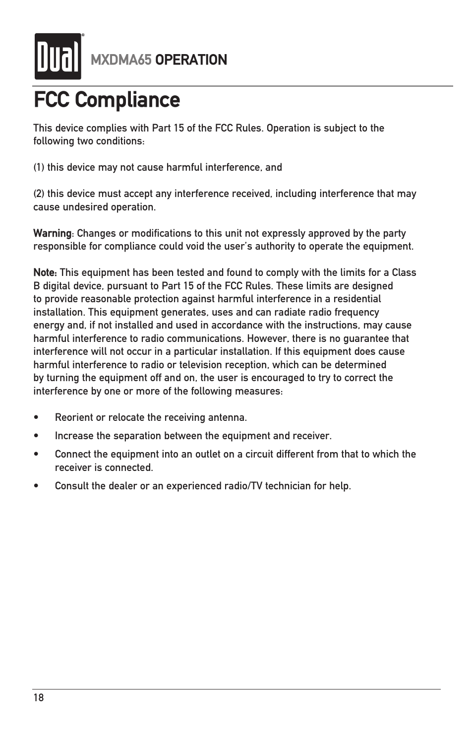 Fcc compliance, Mxdma65 operation | Dual MXDMA65 User Manual | Page 18 / 20