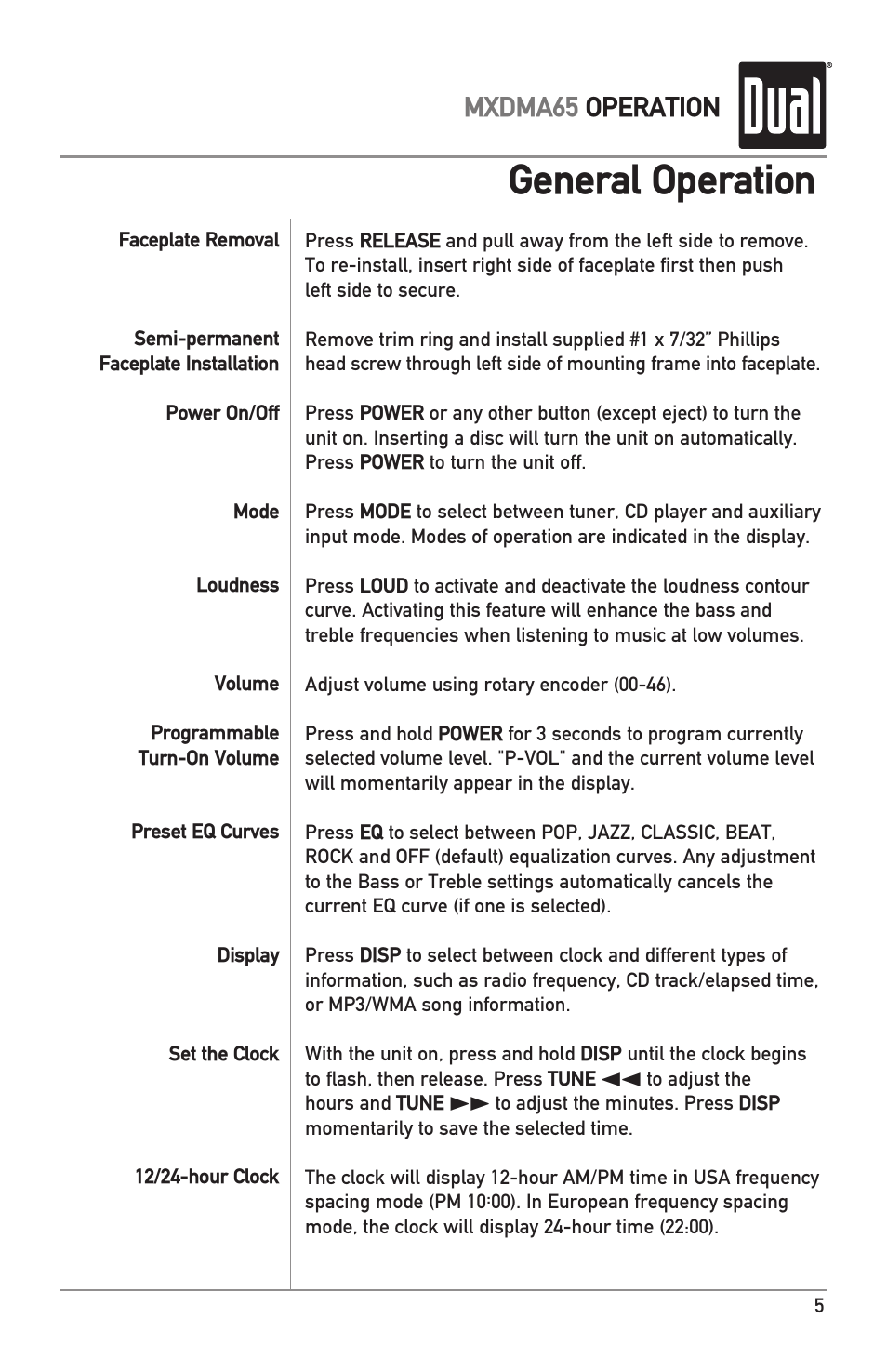 General operation, Mxdma65 operation | Dual MXDMA65 User Manual | Page 5 / 20