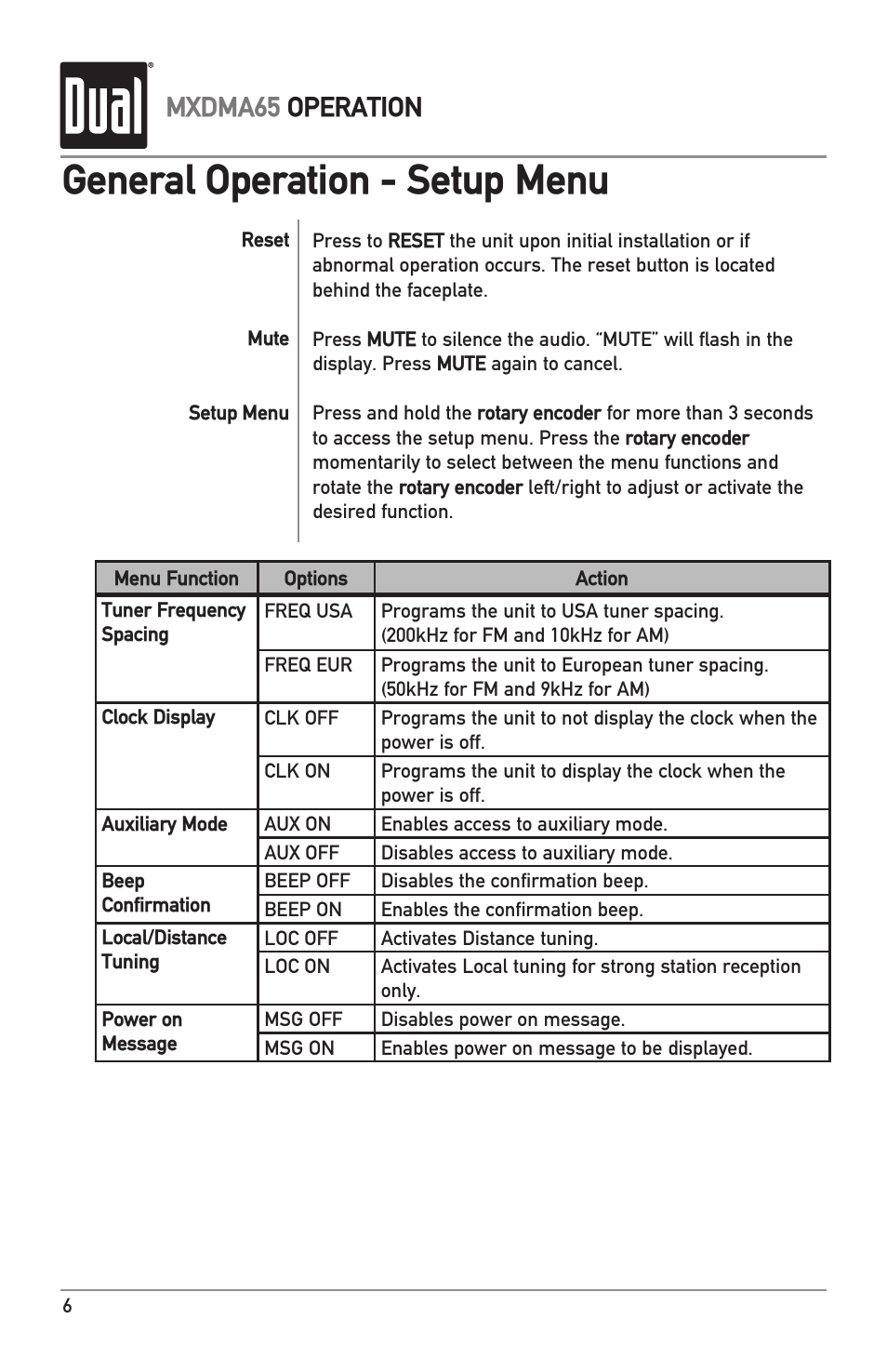General operation - setup menu, Mxdma65 operation | Dual MXDMA65 User Manual | Page 6 / 20