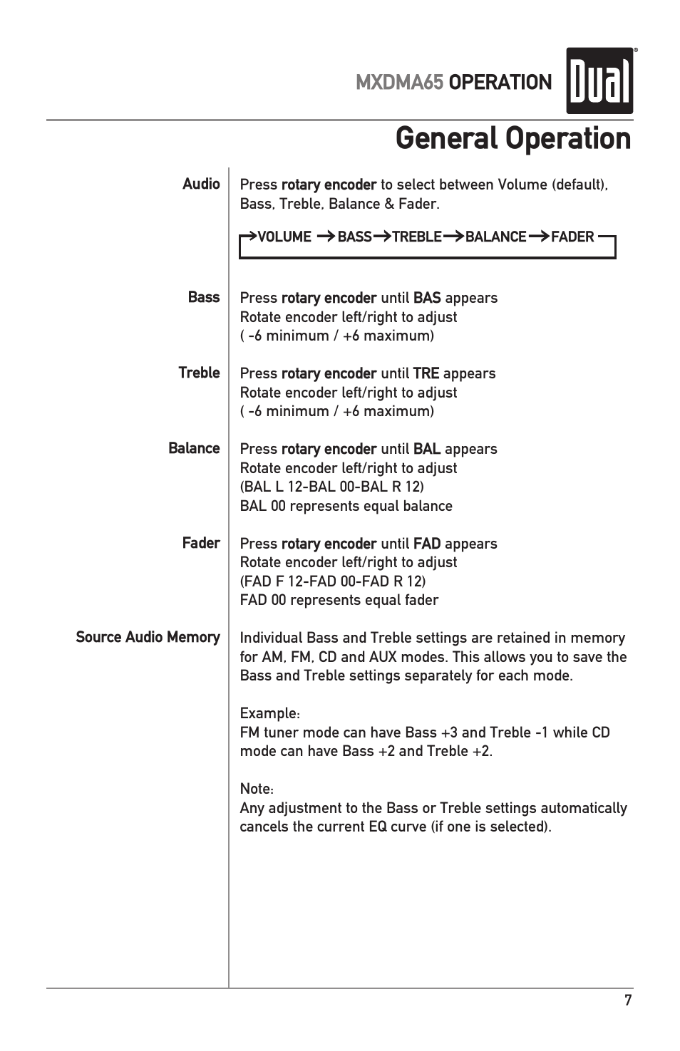 General operation, Mxdma65 operation | Dual MXDMA65 User Manual | Page 7 / 20