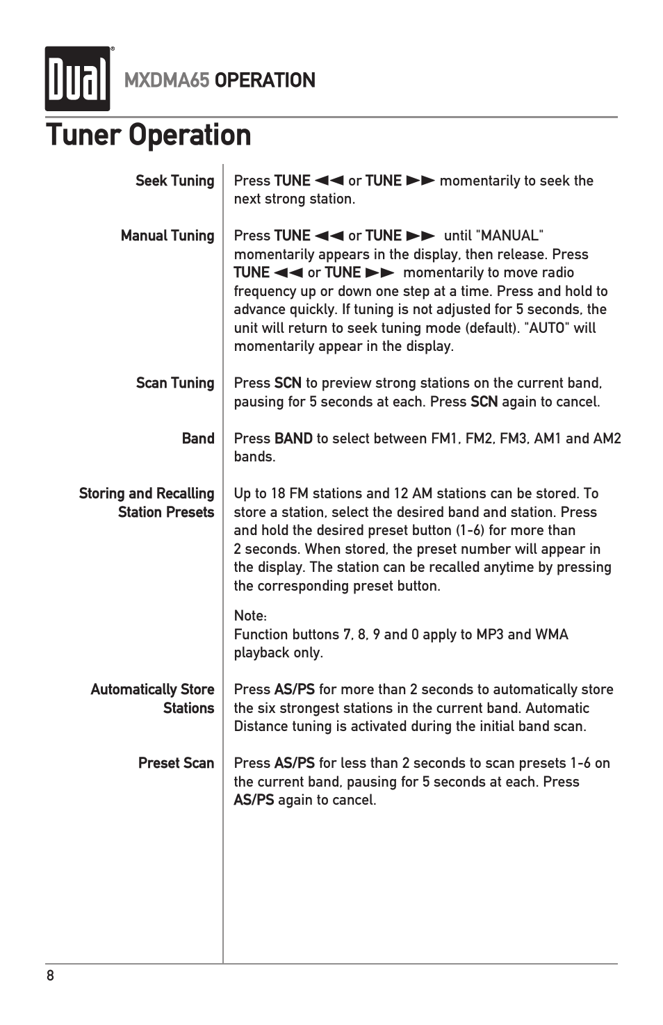 Tuner operation | Dual MXDMA65 User Manual | Page 8 / 20