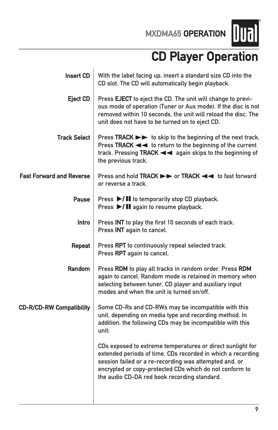 Cd player operation | Dual MXDMA65 User Manual | Page 9 / 20