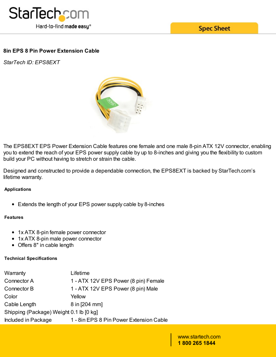 StarTech.com EPS 8 Pin Power Extension Cable (8") User Manual | 2 pages