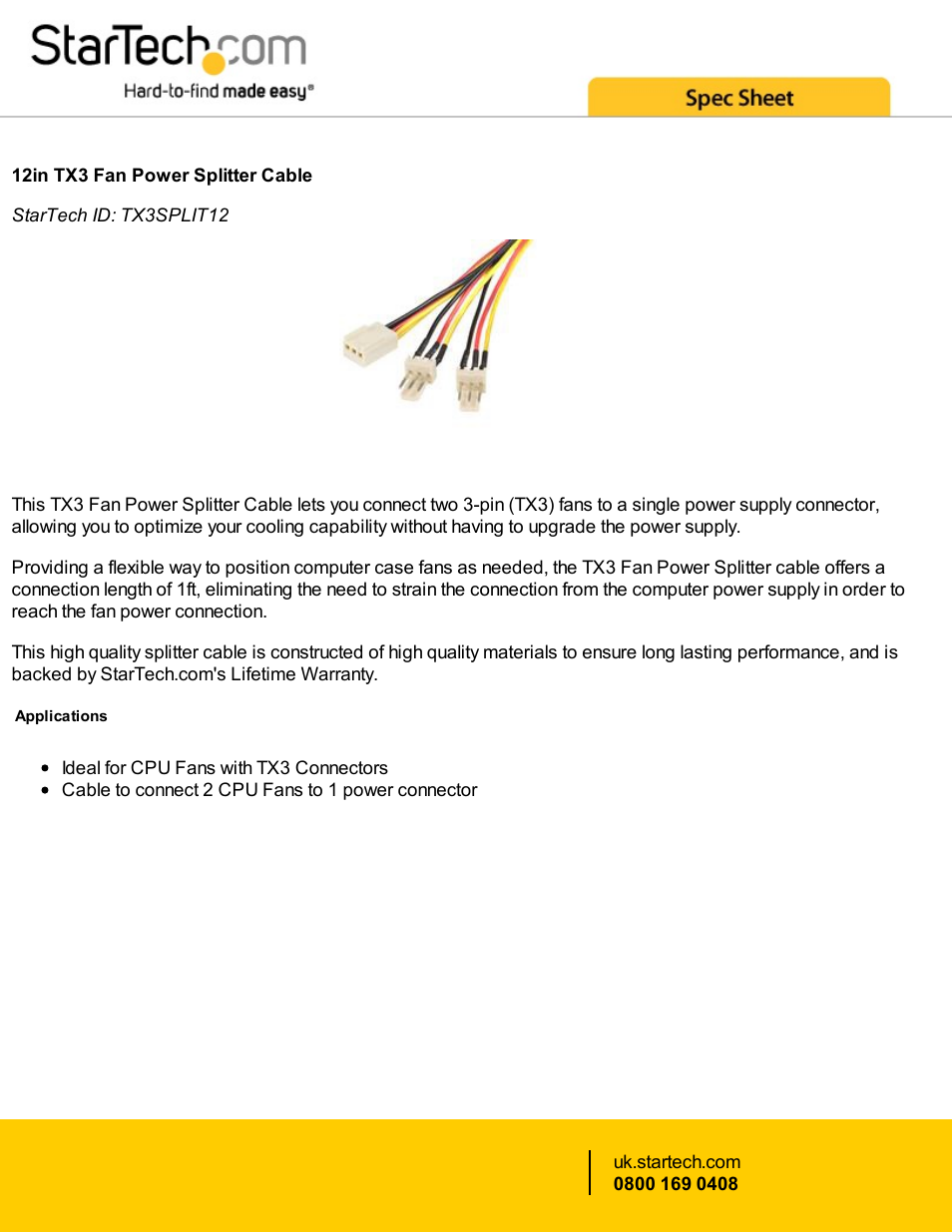 StarTech.com TX3 Fan Power Splitter Cable (12") User Manual | 2 pages