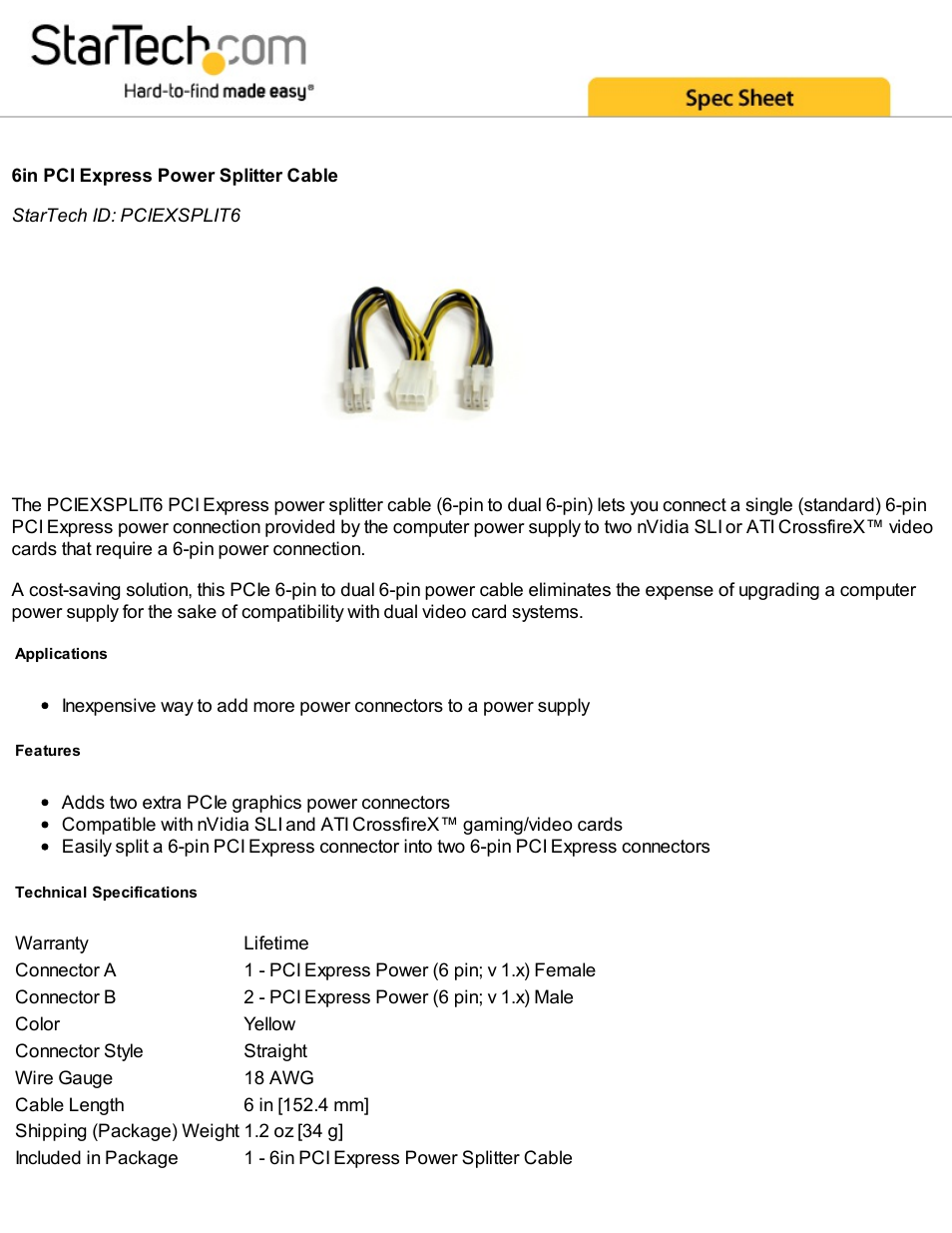 StarTech.com 6" (15.24cm) PCIe Power Splitter Cable User Manual | 2 pages