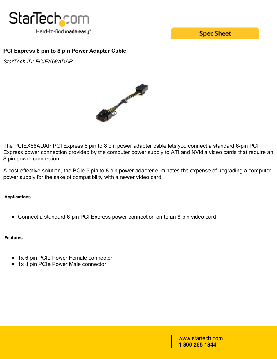 StarTech.com 6-pin to 8-pin PCIe Power Adapter Cable User Manual | 2 pages