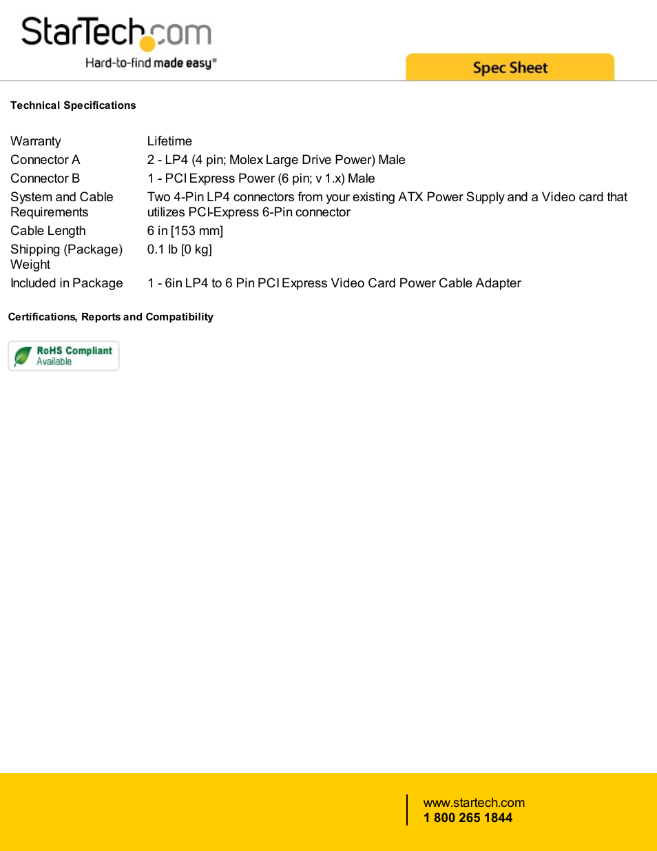 StarTech.com 6" (15.24m) LP4 to 6-Pin PCIe Video Card Power Adapter Cable User Manual | Page 2 / 2