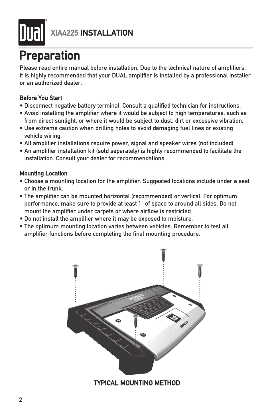 Preparation, Xia4225 installation | Dual XIA4225 User Manual | Page 2 / 12