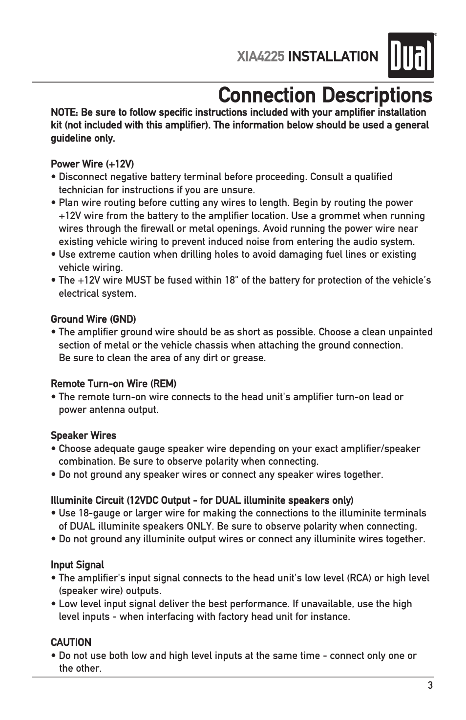 Connection descriptions, Xia4225 installation | Dual XIA4225 User Manual | Page 3 / 12