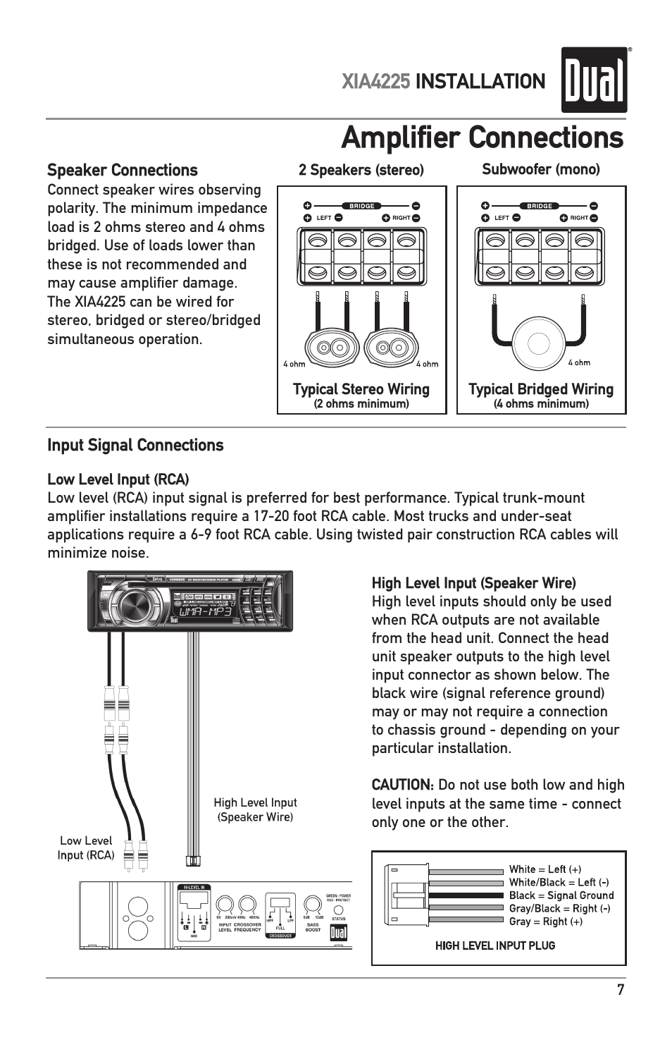 Amplifier connections, Xia4225 installation | Dual XIA4225 User Manual | Page 7 / 12