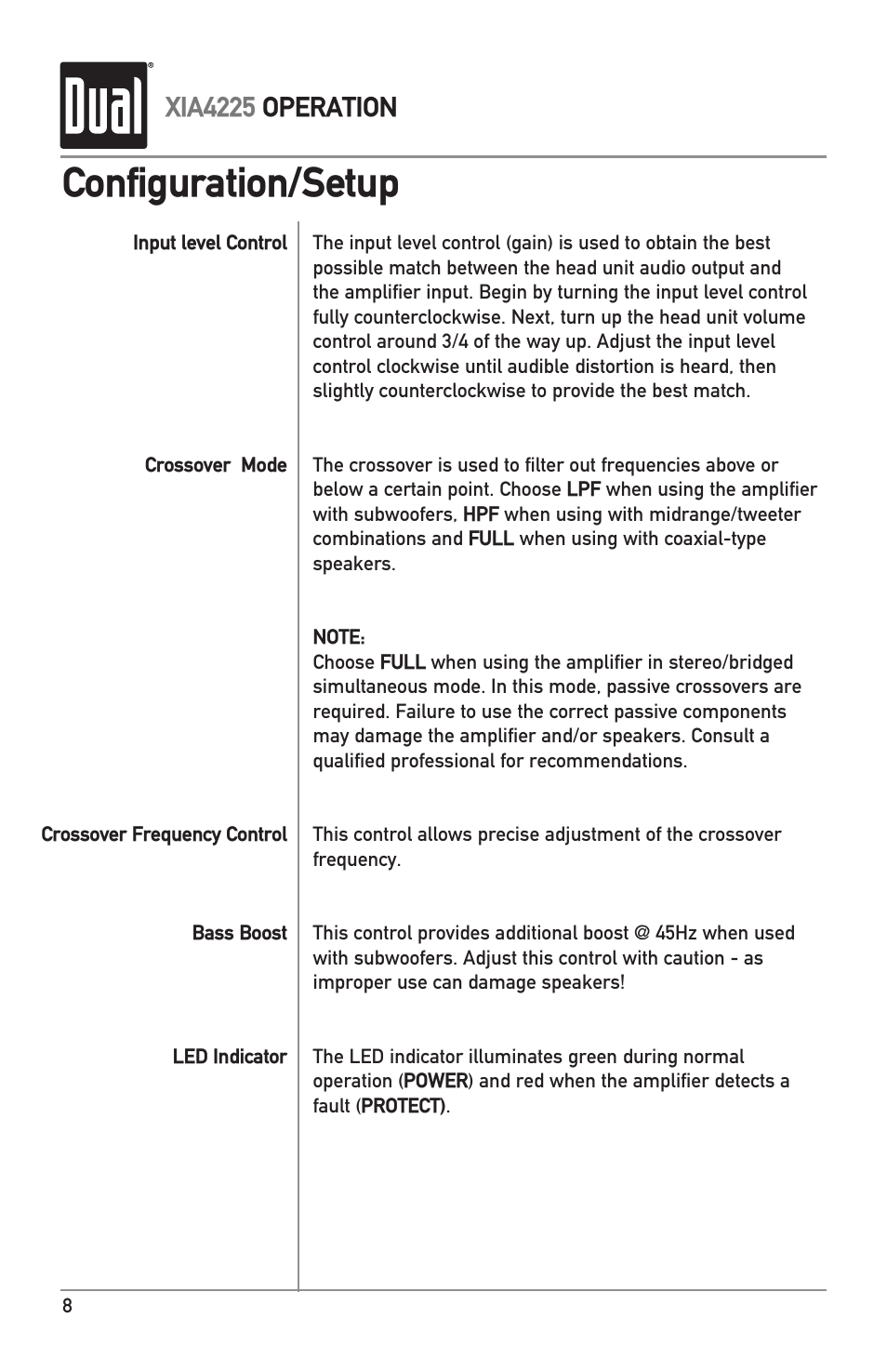 Configuration/setup, Xia4225 operation | Dual XIA4225 User Manual | Page 8 / 12