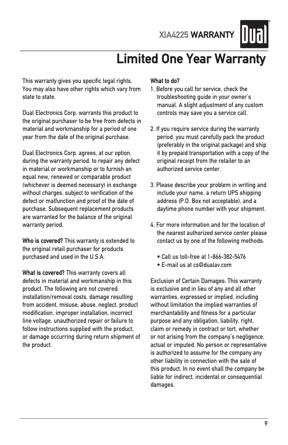 Limited one year warranty, Xia4225 warranty | Dual XIA4225 User Manual | Page 9 / 12