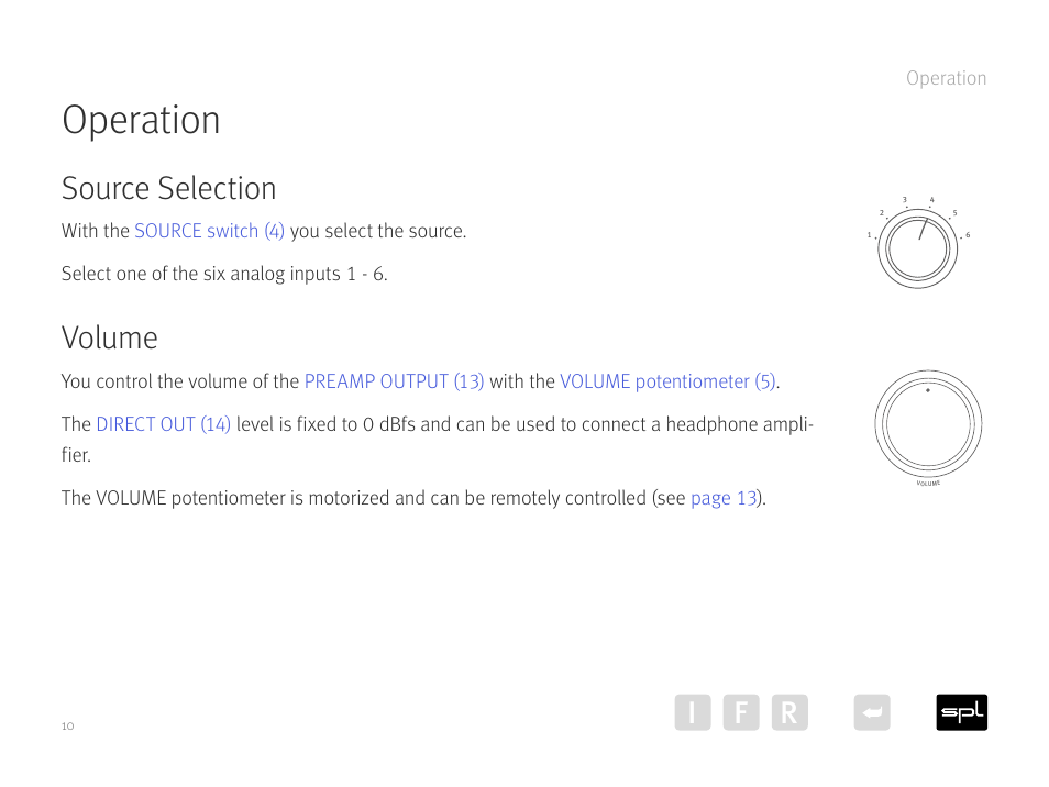 Operation, Source selection, Volume | Ir f | SPL Elector Preamp (Red) User Manual | Page 10 / 19