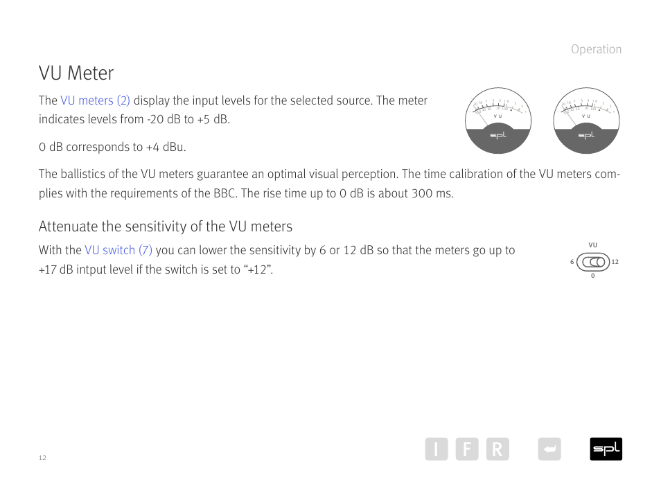 Vu meter, Attenuate the sensitivity of the vu meters, Ir f | Operation, Electo r | SPL Elector Preamp (Red) User Manual | Page 12 / 19