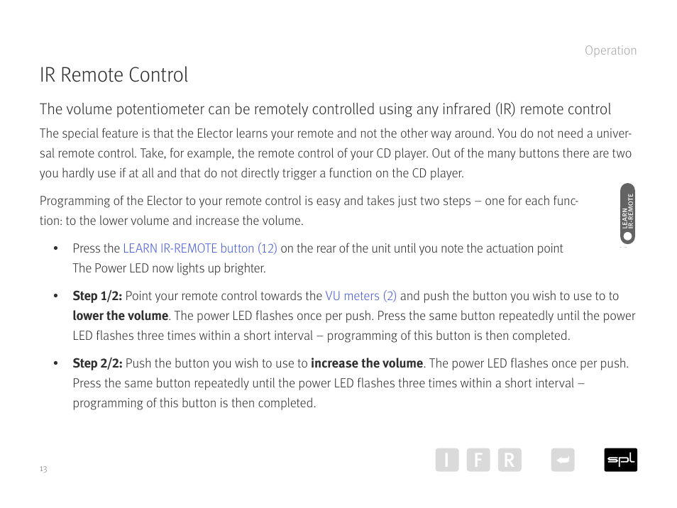 Ir remote control, Ir f, Operation | SPL Elector Preamp (Red) User Manual | Page 13 / 19