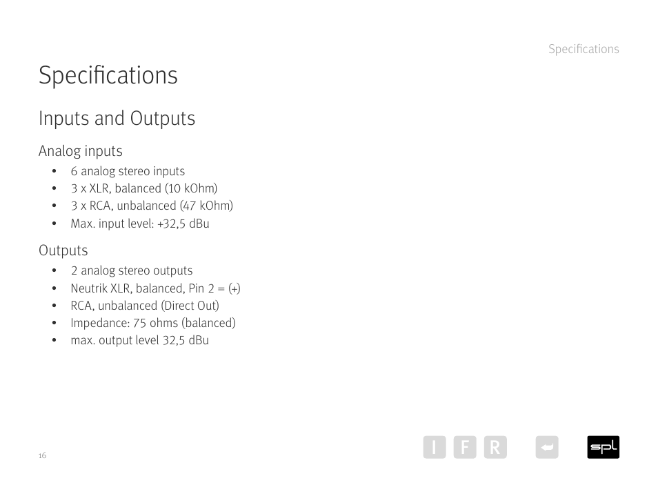 Specifications, Inputs and outputs, Analog inputs | Outputs, Ir f | SPL Elector Preamp (Red) User Manual | Page 16 / 19