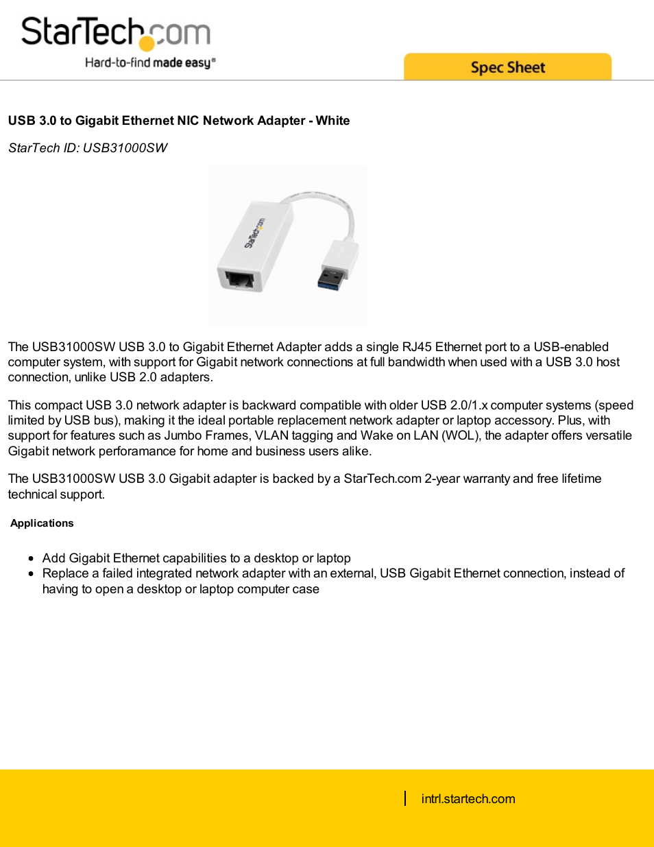 StarTech.com USB 3.0 to Gigabit Ethernet NIC Network Adapter (White) User Manual | 4 pages