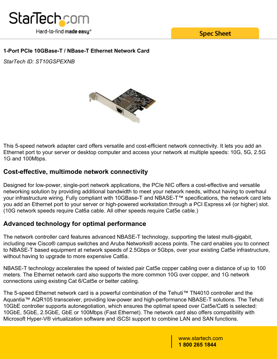 StarTech.com 1-Port PCIe 10GBase-T & NBASE-T Ethernet Network Card User Manual | 4 pages