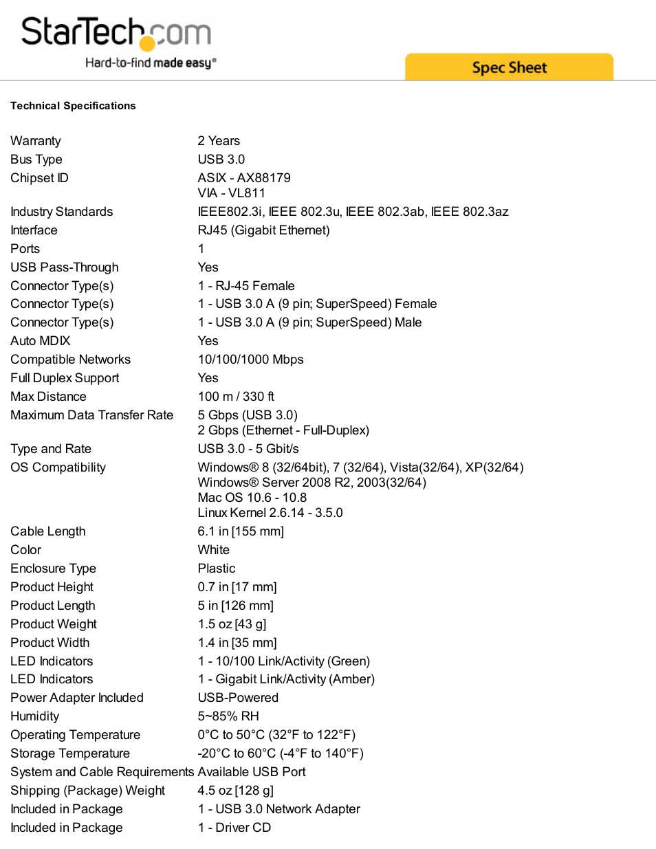 StarTech.com USB 3.0 to Gigabit Ethernet Adapter NIC with USB Port (White) User Manual | Page 2 / 3