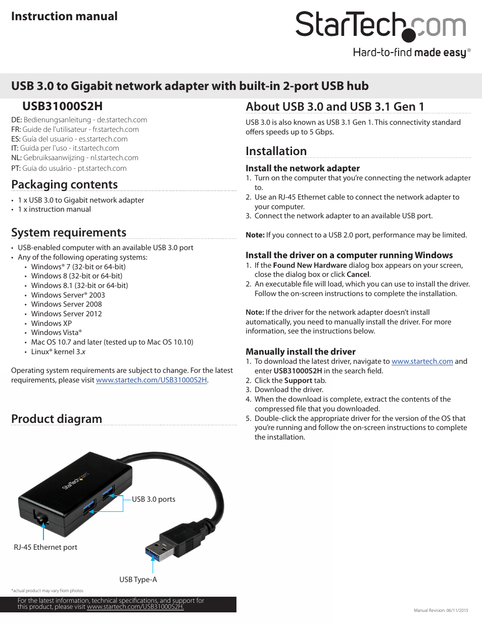 StarTech.com USB 3.0 to Gigabit Network Adapter with Two-Port USB Hub User Manual | 2 pages