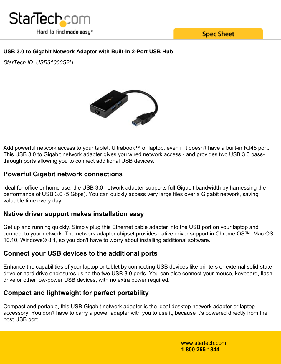 StarTech.com USB 3.0 to Gigabit Network Adapter with Two-Port USB Hub User Manual | 4 pages