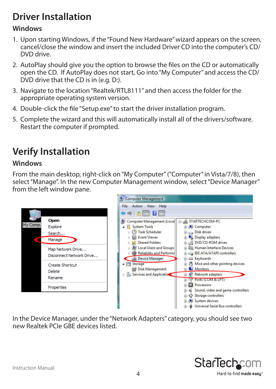 Driver installation, Verify installation | StarTech.com 1-Port Dual Profile PCIe Gigabit Network Server Adapter NIC Card User Manual | Page 7 / 10