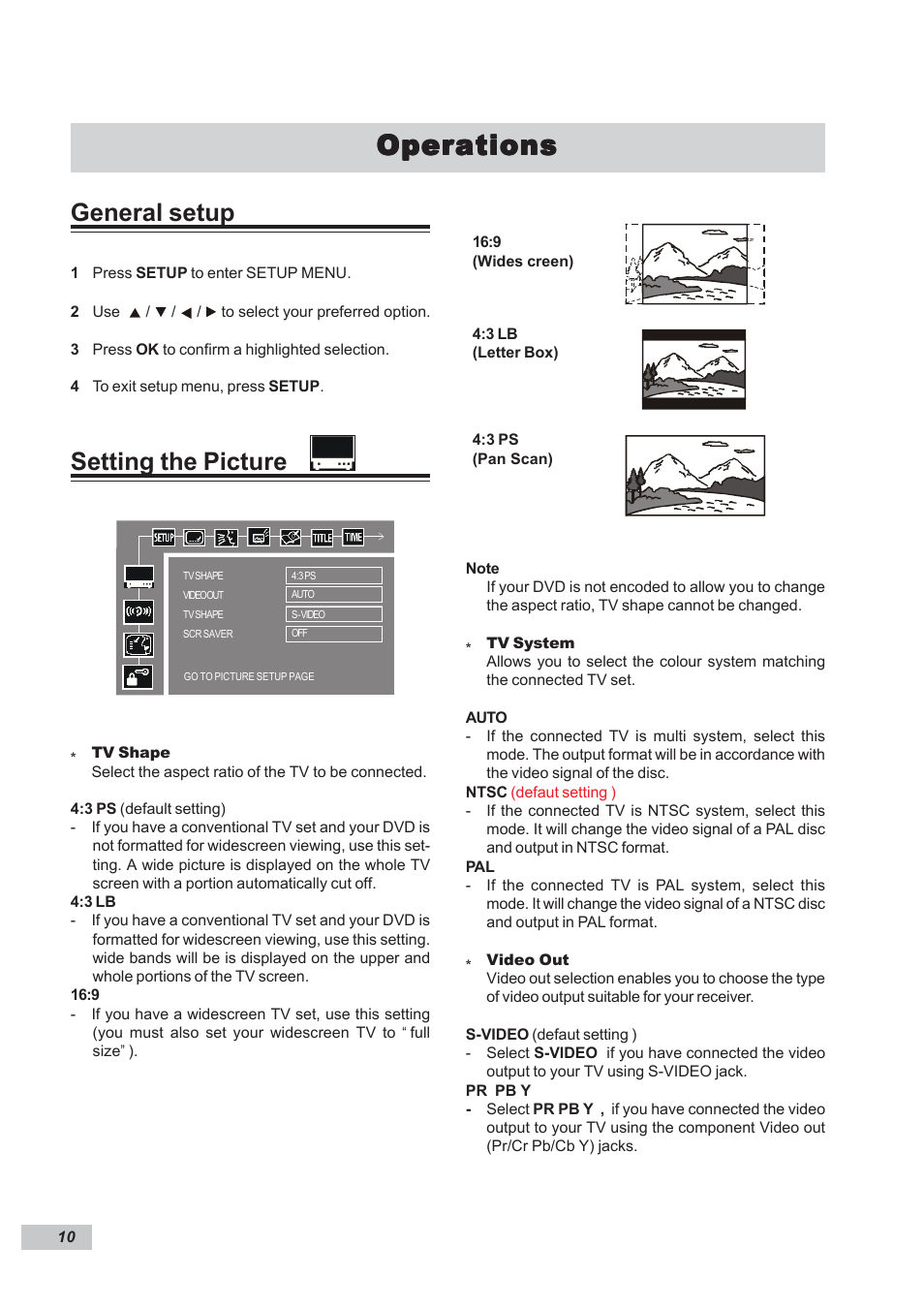 Operations, General setup, Setting the picture | Dual DP295 User Manual | Page 10 / 20