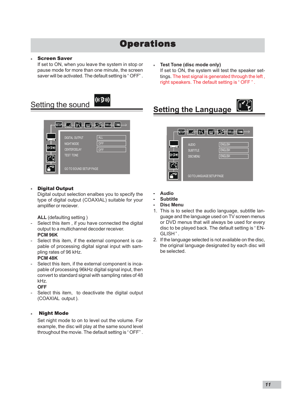 Operations, Setting the sound, Setting the language | Dual DP295 User Manual | Page 11 / 20