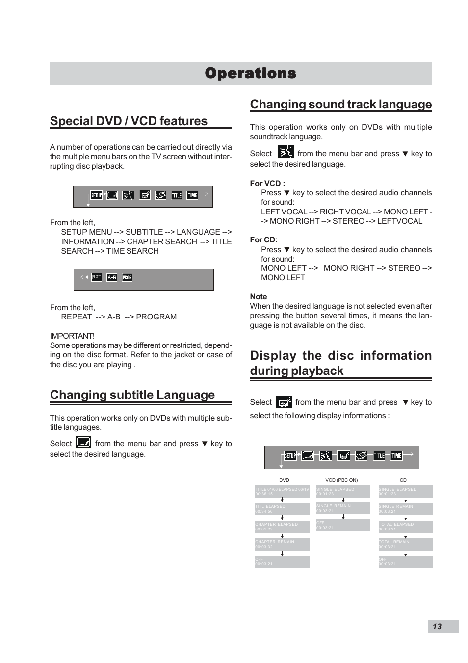 Operations, Changing sound track language, Display the disc information during playback | Special dvd / vcd features, Changing subtitle language | Dual DP295 User Manual | Page 13 / 20