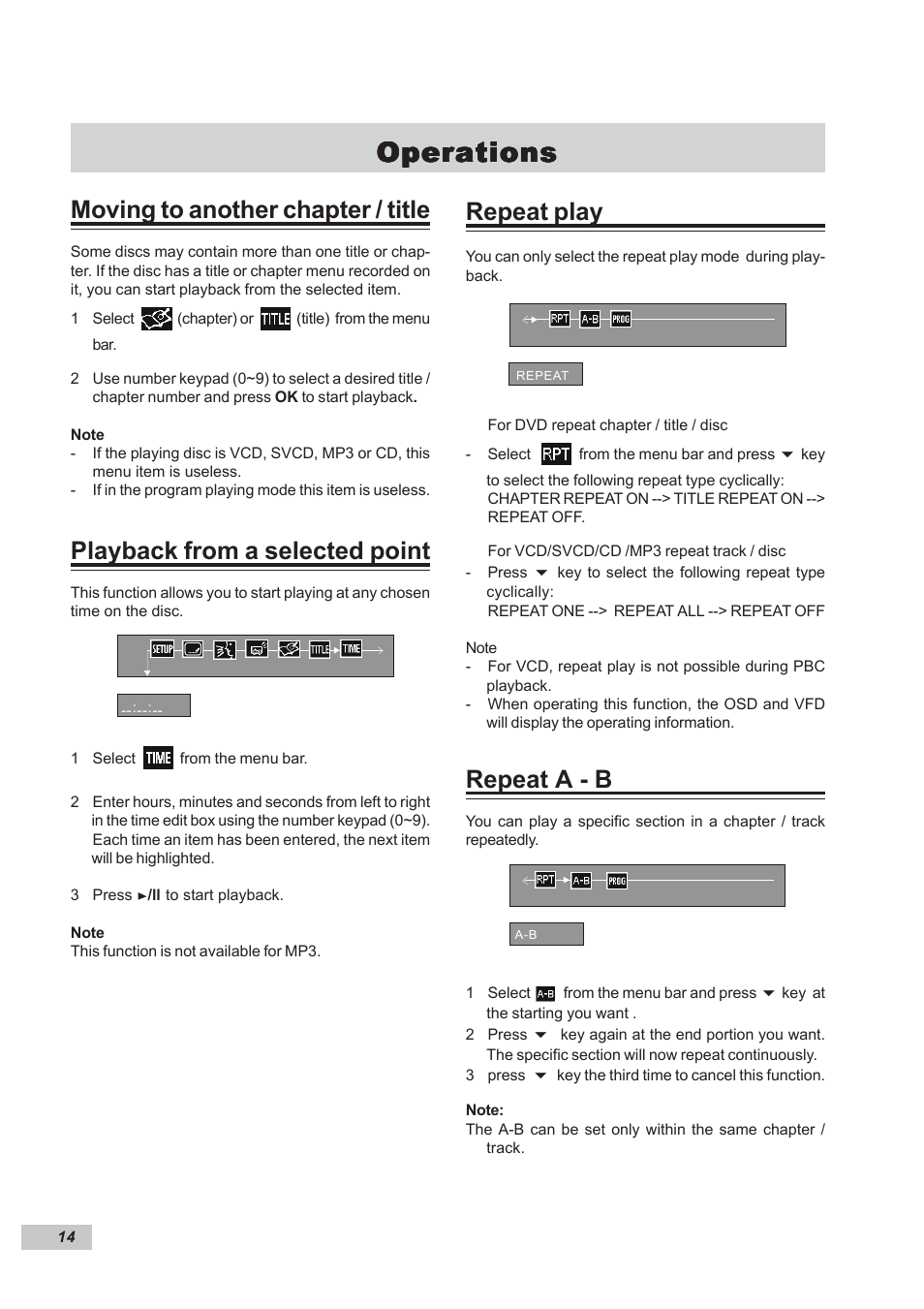 Operations, Moving to another chapter / title, Playback from a selected point | Repeat play, Repeat a - b | Dual DP295 User Manual | Page 14 / 20