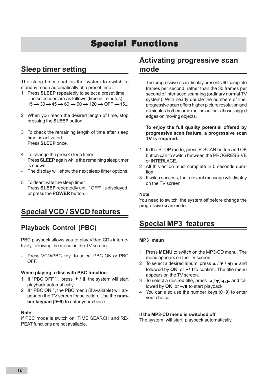 Special functions, Sleep timer setting, Special vcd / svcd features | Activating progressive scan mode, Special mp3 features, Playback control (pbc) | Dual DP295 User Manual | Page 16 / 20