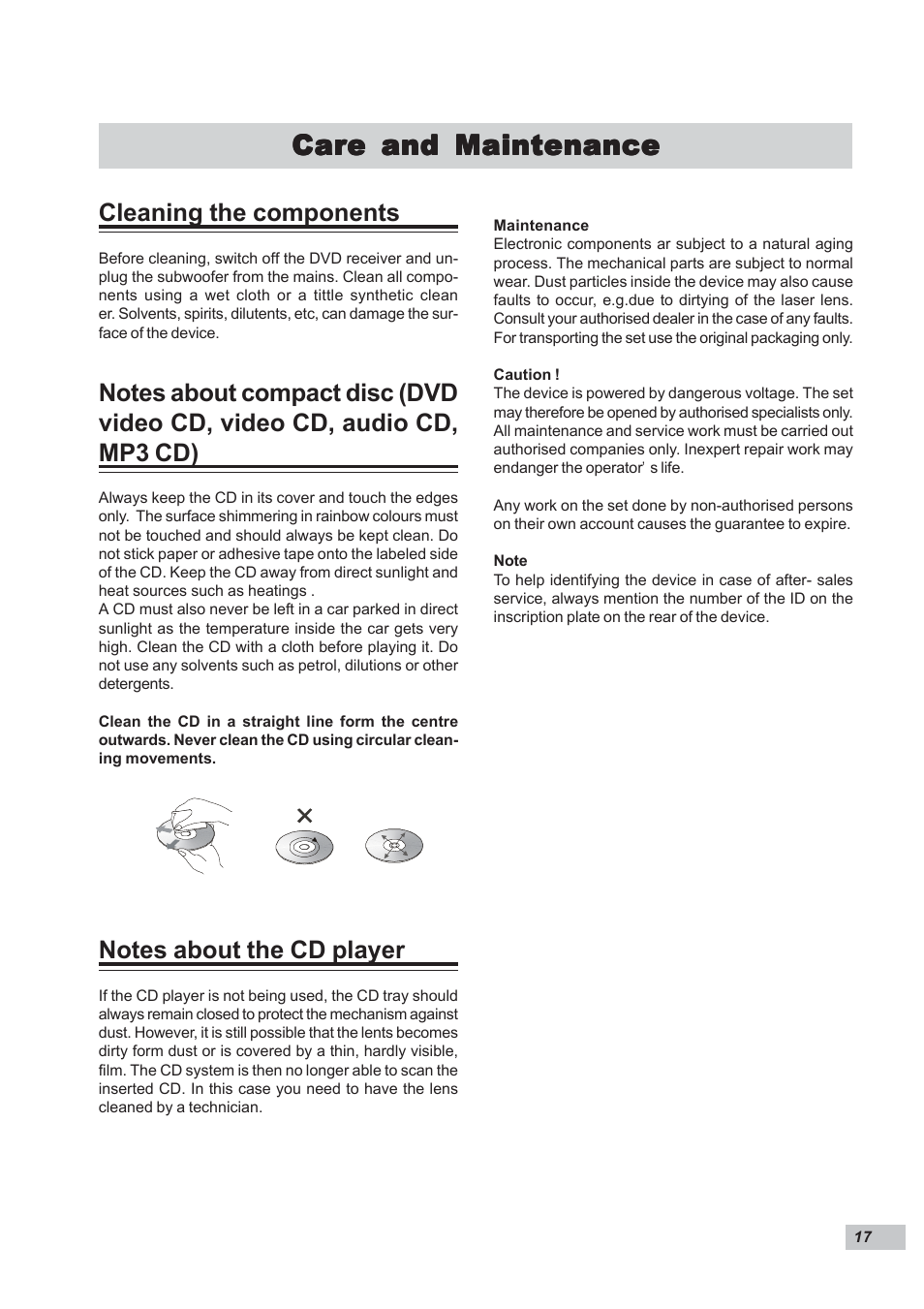 Care and maintenance, Cleaning the components | Dual DP295 User Manual | Page 17 / 20