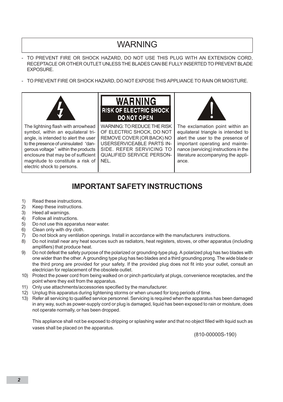 Warning, Important safety instructions | Dual DP295 User Manual | Page 2 / 20