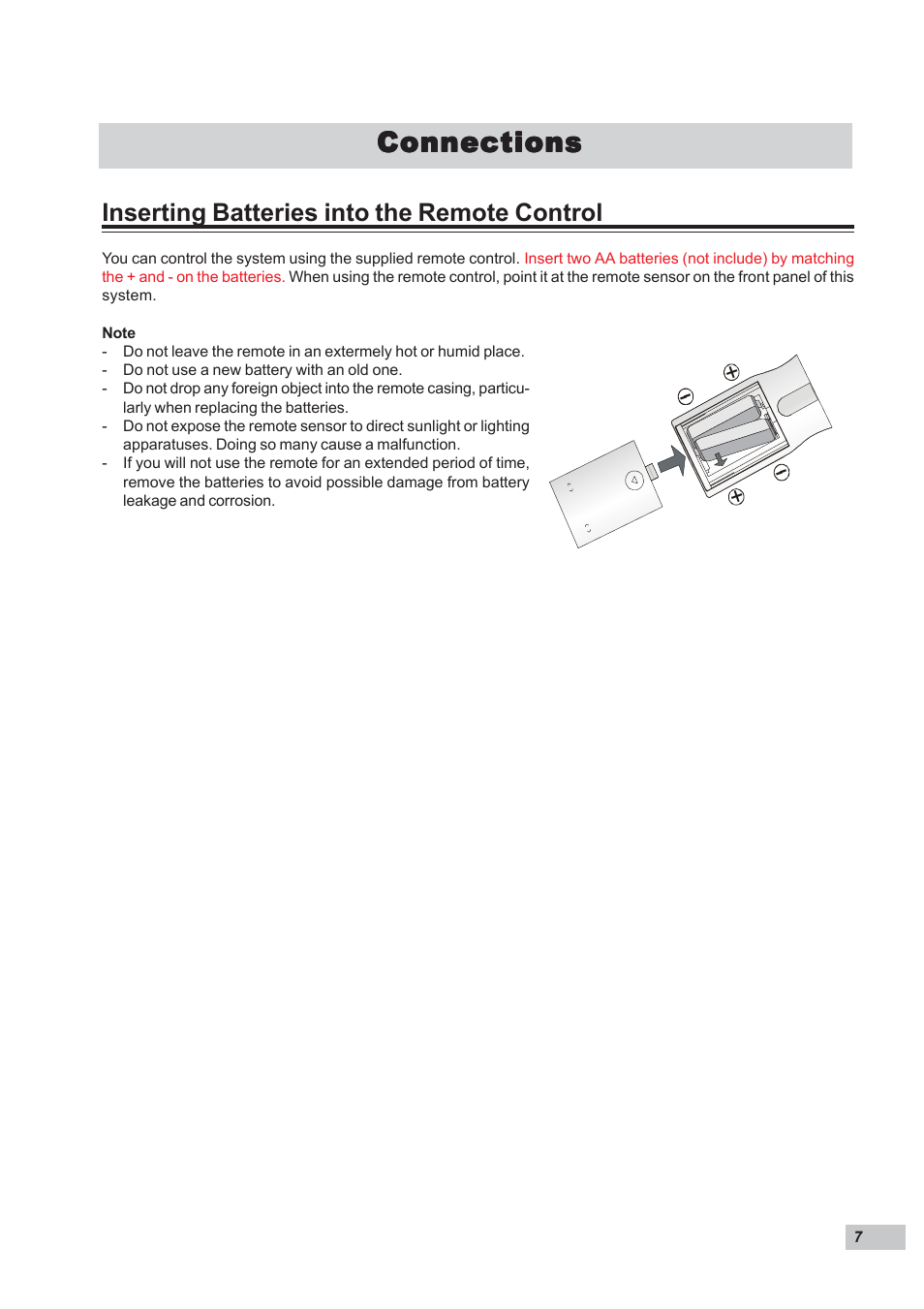 Connections, Inserting batteries into the remote control | Dual DP295 User Manual | Page 7 / 20