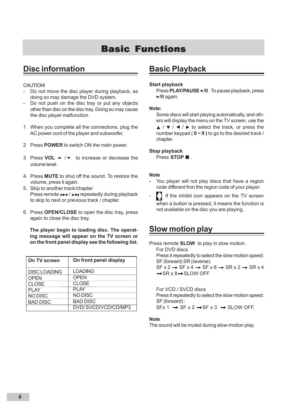 Basic functions, Disc information, Basic playback | Slow motion play | Dual DP295 User Manual | Page 8 / 20