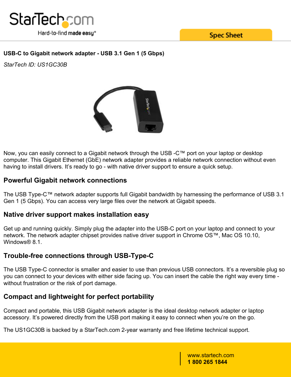 StarTech.com USB 3.1 Gen 1 Type-C Male to Gigabit Ethernet Female Adapter (Black) User Manual | 4 pages