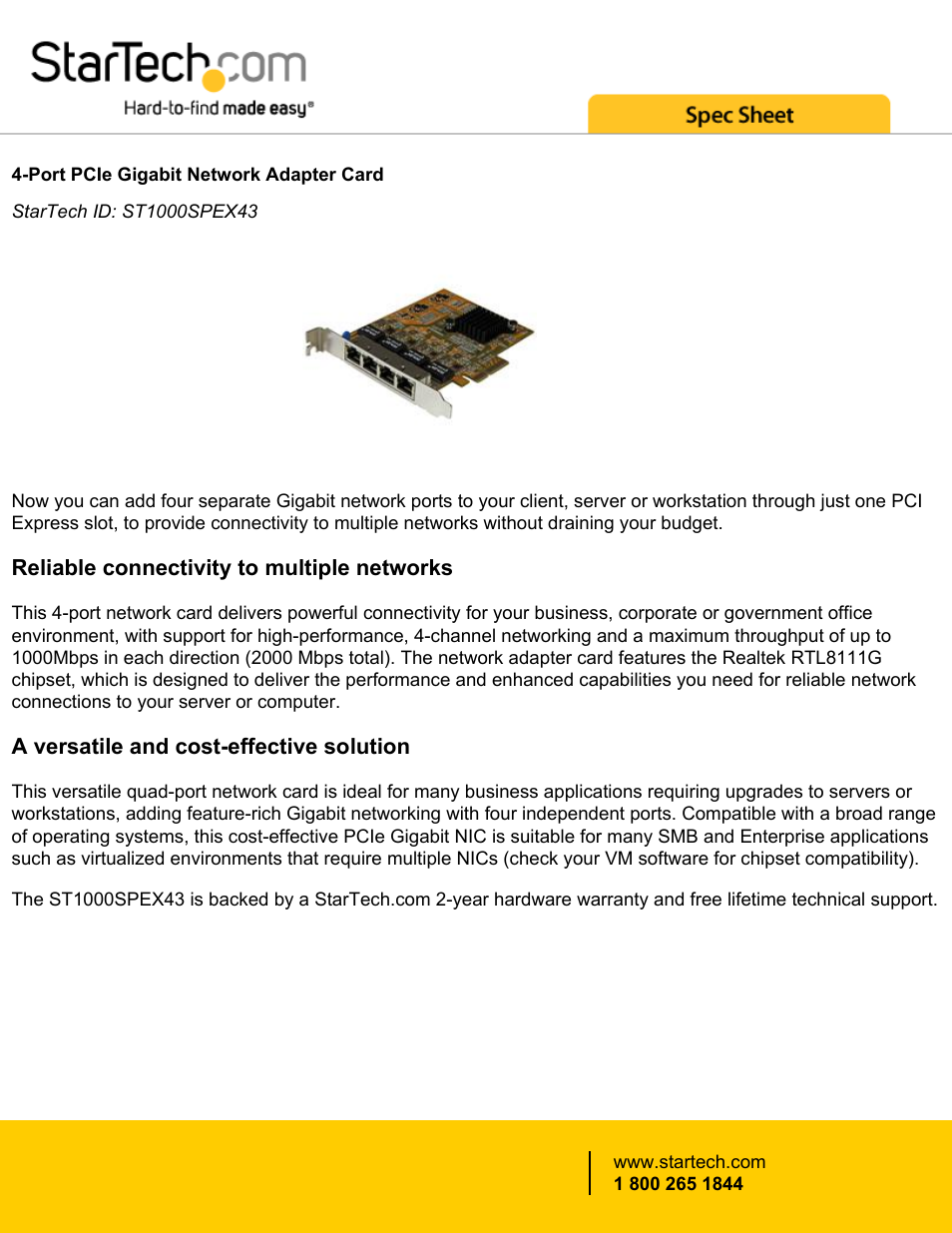 StarTech.com ST1000SPEX43 4-Port PCIe Gigabit Network Adapter Card User Manual | 4 pages