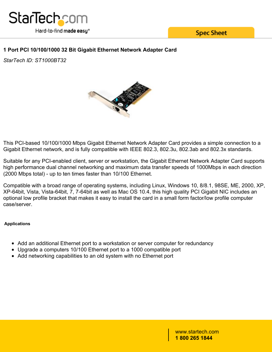 StarTech.com 1-Port PCI 10/100/1000 32-Bit Gigabit Ethernet Network Adapter Card User Manual | 4 pages