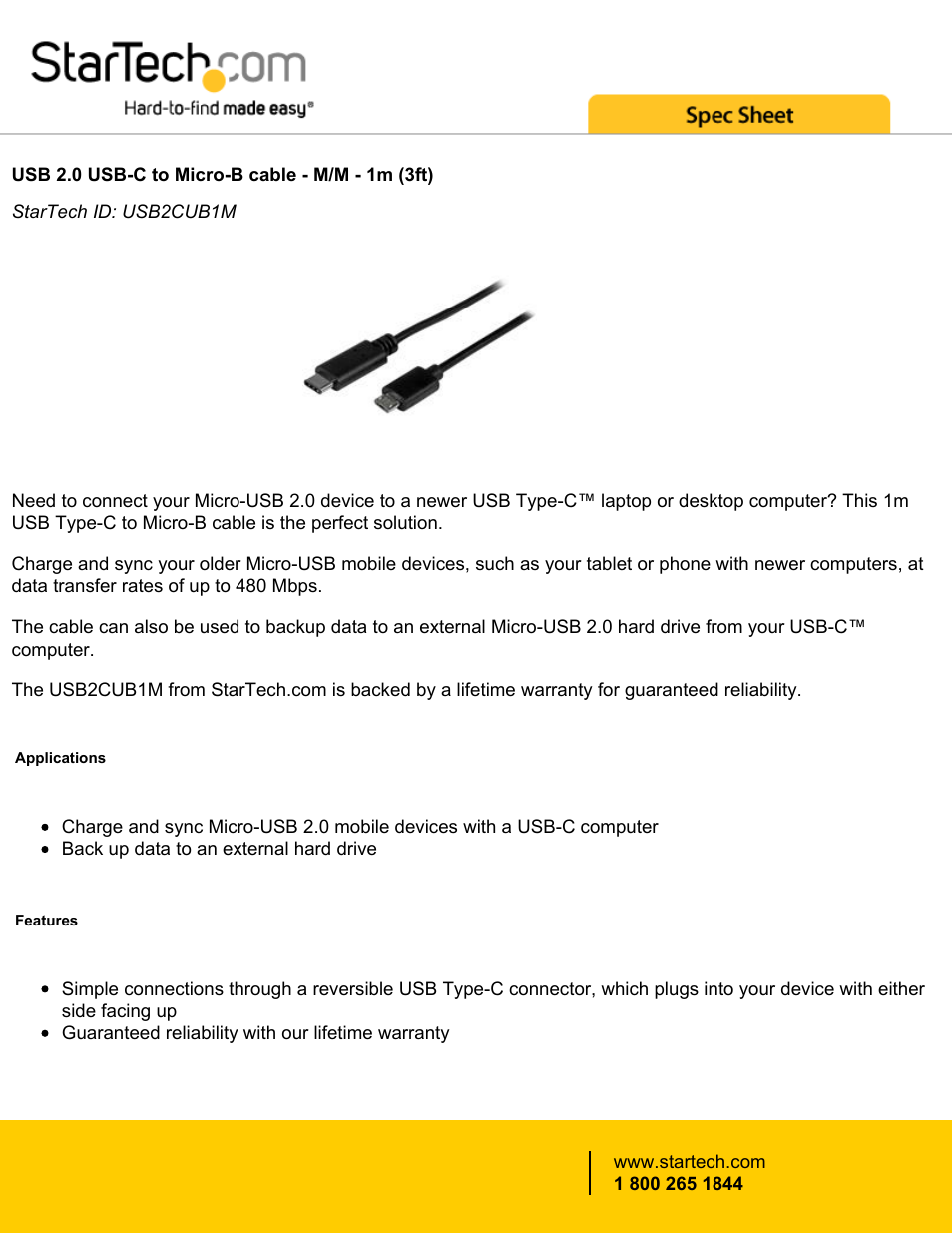 StarTech.com USB Type-C Male to Micro-USB Male Cable (3.3') User Manual | 2 pages