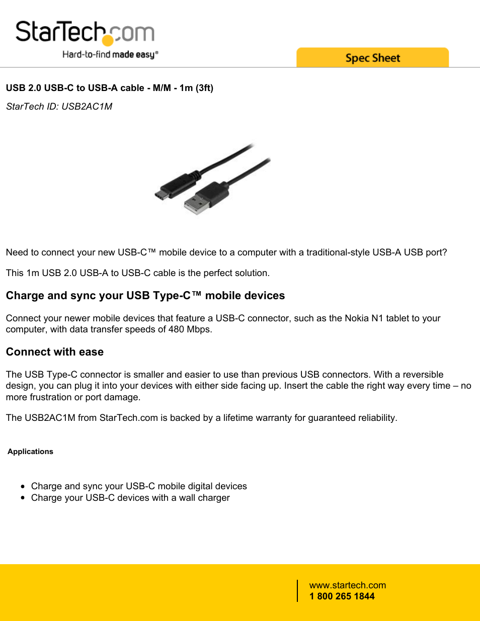 StarTech.com USB Type-C Male to USB Type-A Male Cable (3.3') User Manual | 2 pages