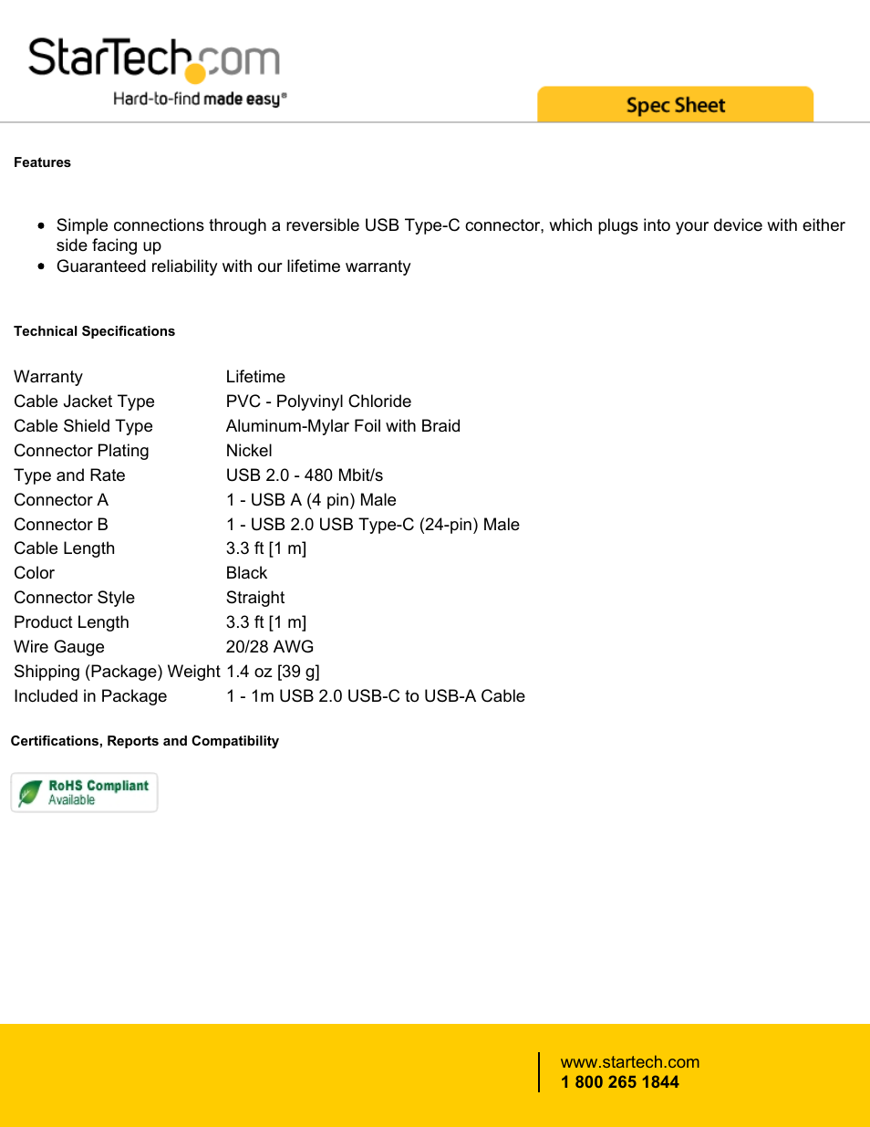 StarTech.com USB Type-C Male to USB Type-A Male Cable (3.3') User Manual | Page 2 / 2