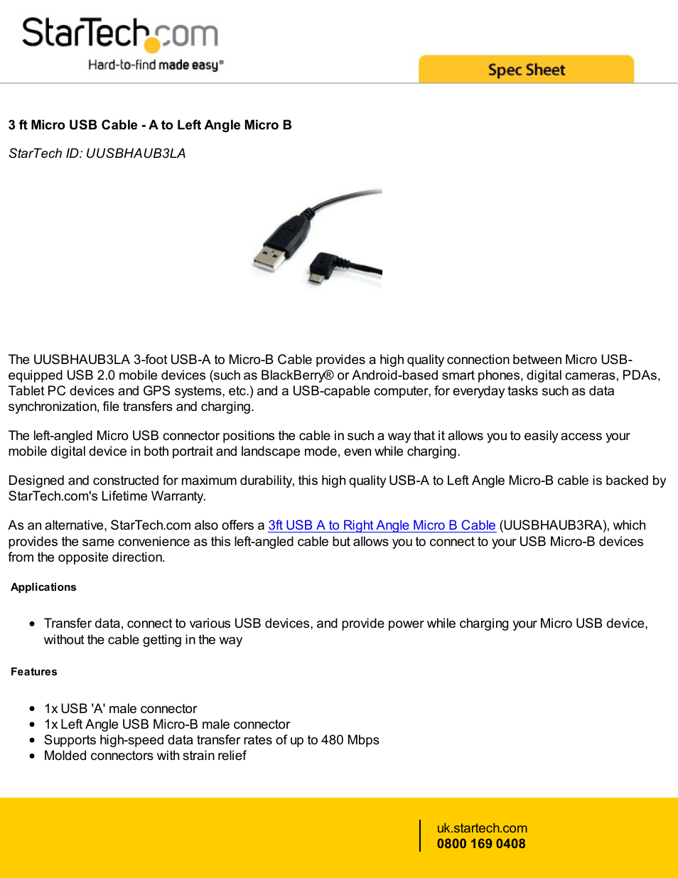 StarTech.com USB 2.0 Type-A Male to Left-Angle Micro-USB Male Cable (3') User Manual | 2 pages