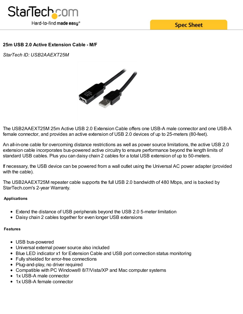 StarTech.com USB 2.0 Active Male/Female Extension Cable (82') User Manual | 2 pages