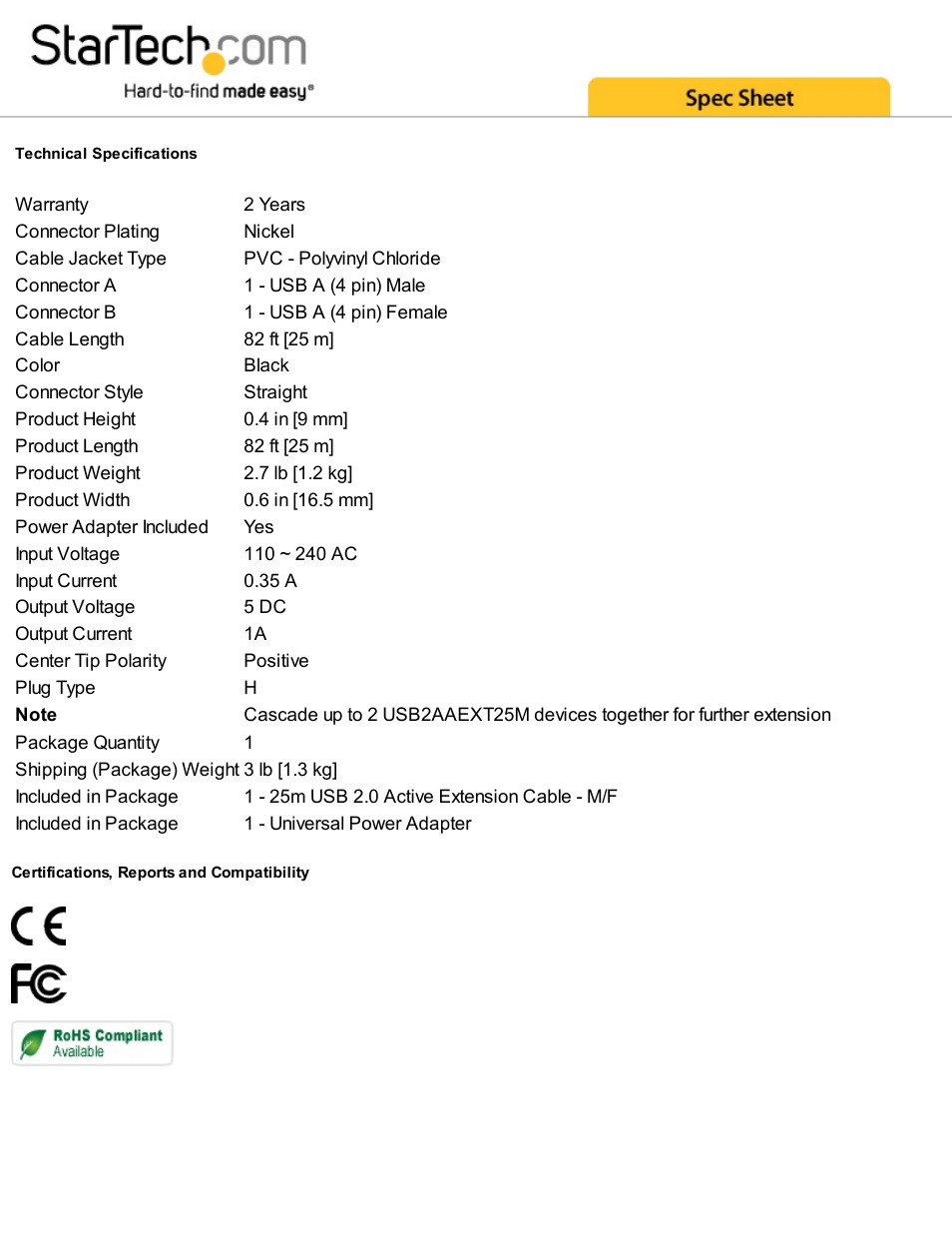 StarTech.com USB 2.0 Active Male/Female Extension Cable (82') User Manual | Page 2 / 2