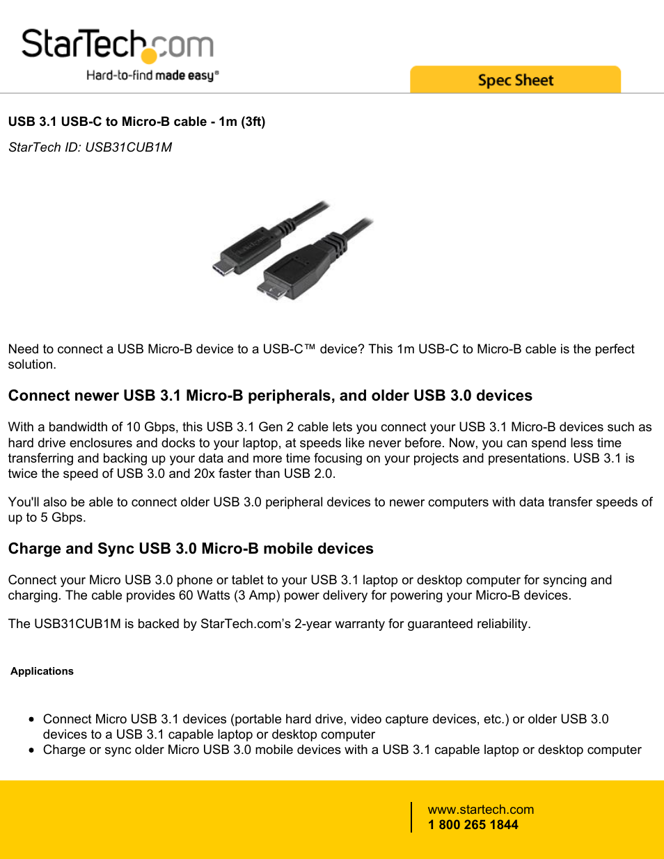 StarTech.com USB 3.1 Type-C Male to micro-USB Male Cable (3.3') User Manual | 2 pages